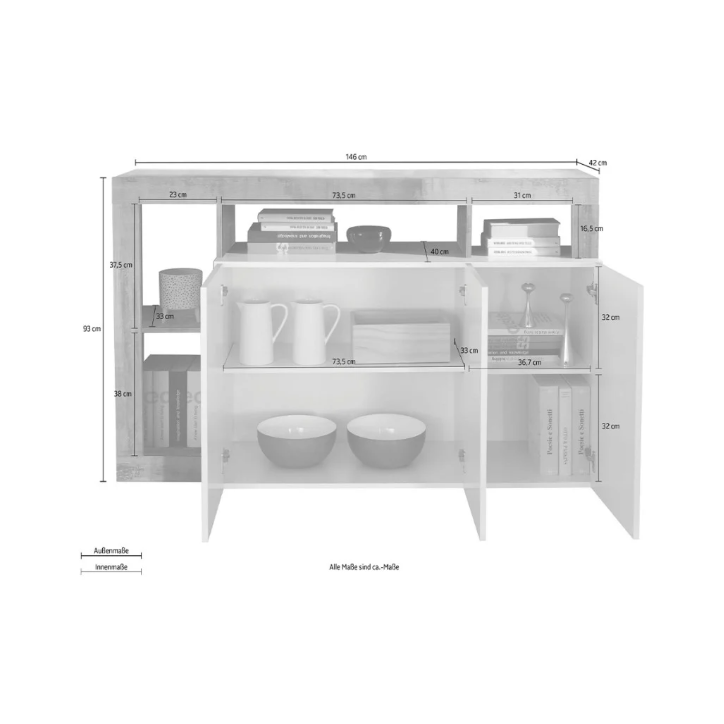 Buffet HAMBURG 3 portes – Blanc laqué brillant / Bois Mercure